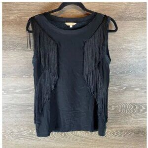 Rebecca Taylor Fringe Trim Black Silk Tank Size M